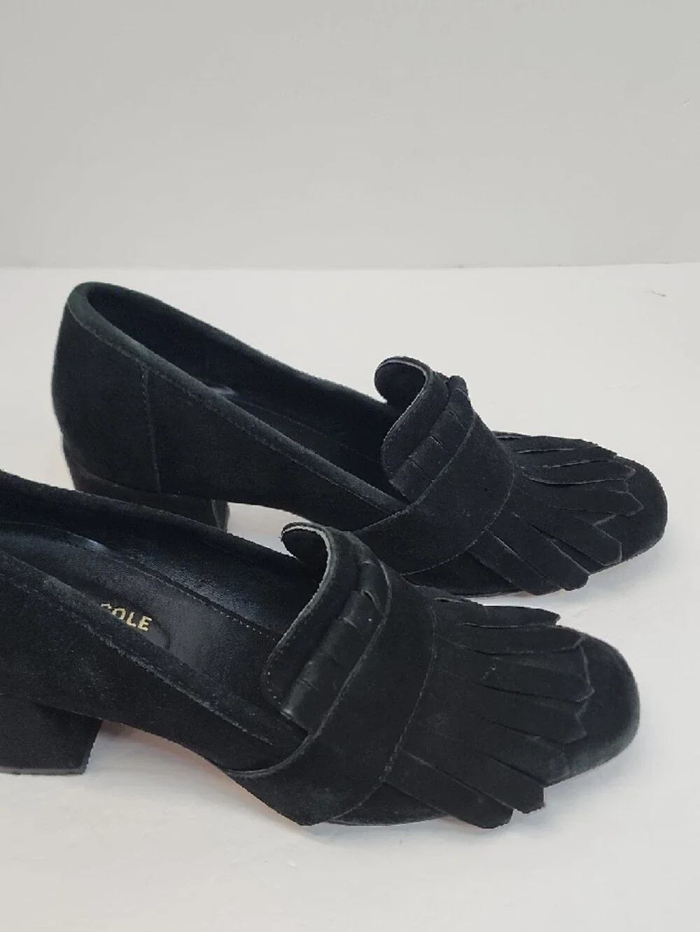 Black Suede Fringe Block Heel Loafers - Women